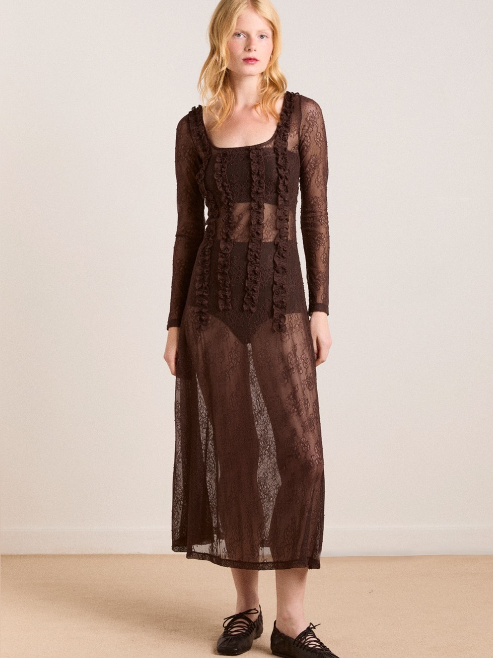 DAMSON MADDER RAPHI LACE MIDI DRESS IN COFFEE - Picture 6 of 17